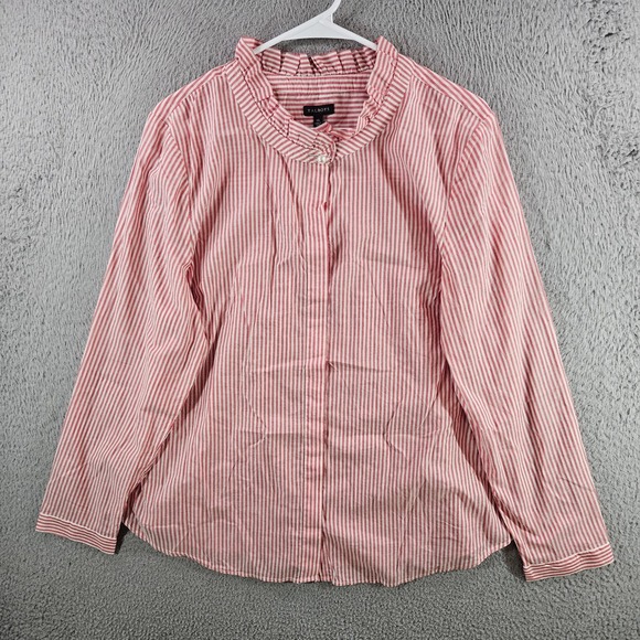 Talbots Tops - Talbots Womens XL Red White Striped Ruffle Neck Cotton Button Down Shirt Blouse
